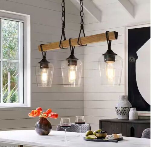Uolfin Transitional Black 25 in. 3-Light Farmhouse Faux Wood Pendant Hanging light - Lot 380