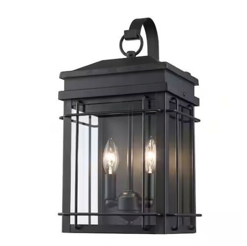 Hampton Bay Broward 17 in. 2-Light Black Outdoor Wall Light Fixture with Clear Glass - Lot 382
