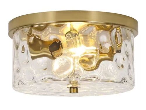 12 in. 2-Light Brass Gold Flush Mount Ceiling Light with Water Rippled Glass Shade - Lot 384