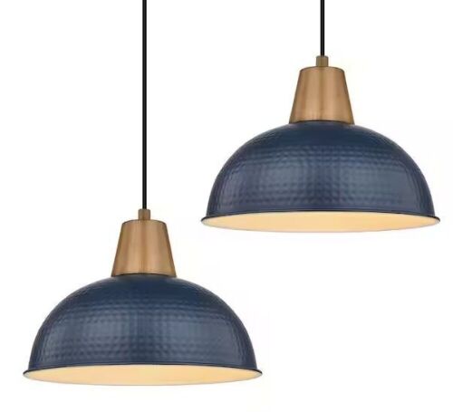 16 in. 1-Light Large Navy Blue Pendant Light Fixture with Hammered Metal Shade, 2 Pack  - Lot 386