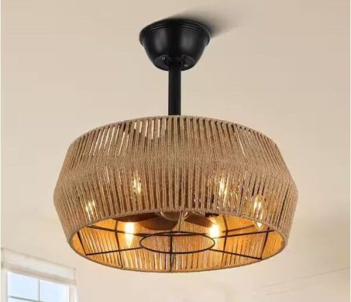 Enfield 20 in. Indoor Rattan Hemp Rope Boho Tan Caged Ceiling Fan with Lights, 3-Speed Scandi Zen Fan lights with Remote - Lot 397