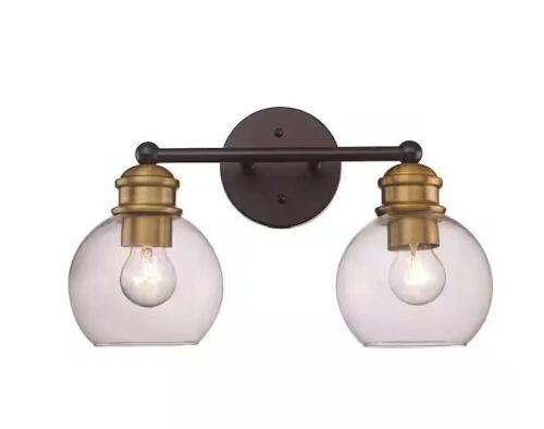 Bel Air Lighting 16 in. 2-Light Black and Antique Gold Bathroom Vanity Light Fixture with Clear Glass Shades - Lot 468