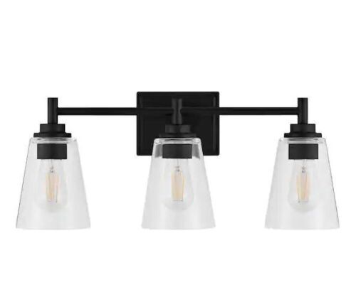 Hampton Bay Wakefield 22 in. 3-Light Matte Black Modern Vanity with Clear Glass Shades - Lot 496