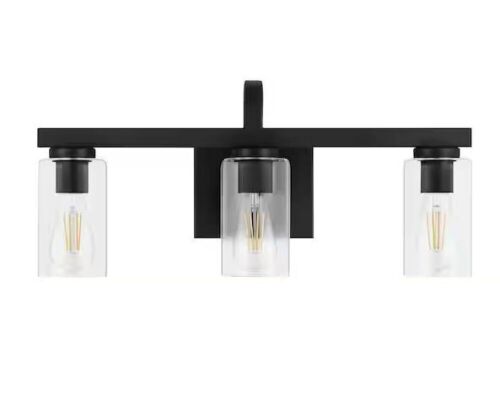Hampton Bay Kendall Manor 22 in. 3 Light Matte Black Bathroom Vanity Light with Clear Glass Shades - Lot 499