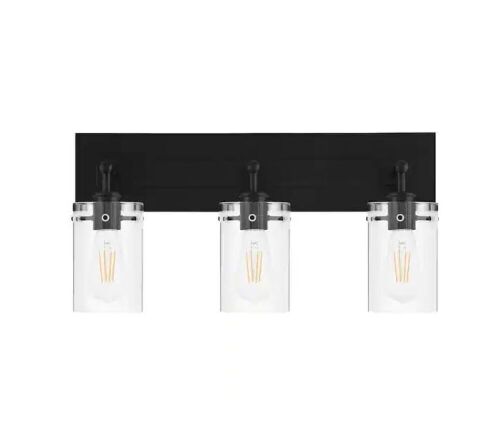 Hampton Bay Regan 21 in. 3-Light Matte Black Bathroom Vanity Light with Clear Glass Shades - Lot 566