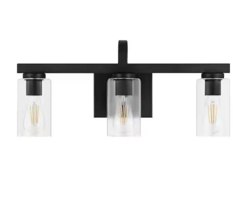 Hampton Bay Kendall Manor 22 in. 3 Light Matte Black Bathroom Vanity Light with Clear Glass Shades - Lot 580