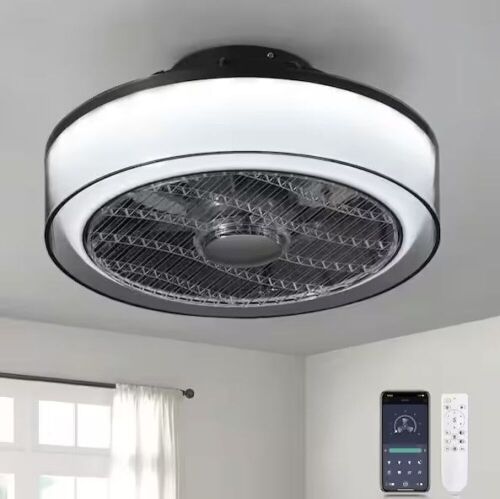 16 in. Modern Dimmable Integrated LED Indoor Smoky Gray Smart Enclosed Ceiling Fan with Remote - Lot 583