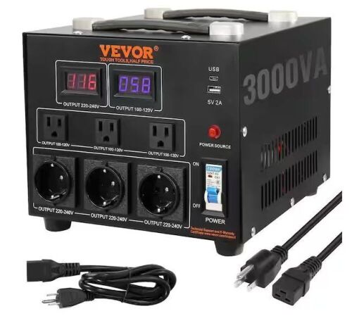 VEVOR Voltage Converter Transformer 3000 Watt Up/Down Transformer 110/220 Volt with US/EU Outlet 5-Volt USB Port CE Certified - Lot 598