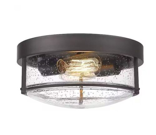 JAZAVA 12 in. 2-Light Oil Rubbed Bronze Finish With Seeded Glass Shade Ceiling Flush Mount Light Fixture - Lot 663