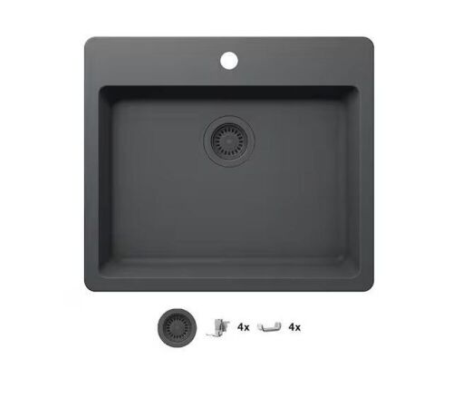 Glacier Bay Stonehaven 25 in. Drop-In Single Bowl Charcoal Gray Granite Composite Kitchen Sink with Charcoal Strainer - Lot 692