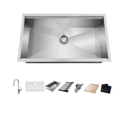 Glacier Bay Zero Radius 30 in. Undermount Single Bowl 18 Gauge Stainless Steel Workstation Kitchen Sink with Pull-Down Faucet - Lot 693