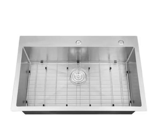 Attop Handmade Stainless Steel 33 inch Single Bowl Top Mount Scratch-Resistant Nano Drop-in Kitchen Sink With Bottom Grid - Lot 695