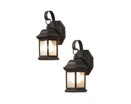 Hampton Bay 10.5 in. 1-Light Bronze Outdoor Wall Light Fixture Sconce with Seeded Glass, 2-Pack - Lot 764