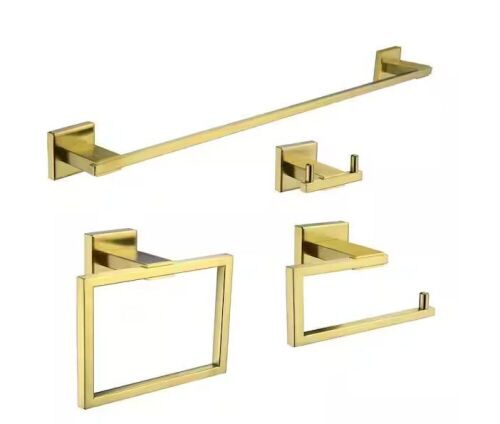 Nestfair 4-Piece Bath Hardware Set with Towel Bar Hand Towel Holder Towel Hook and Toilet Paper Holder in Brushed Gold - Lot 779