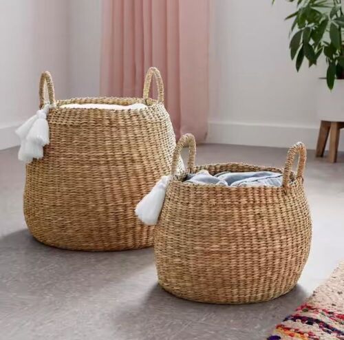 StyleWell Round Natural Water Hyacinth Decorative Baskets with White Tassels, Set of 2 - Lot 787