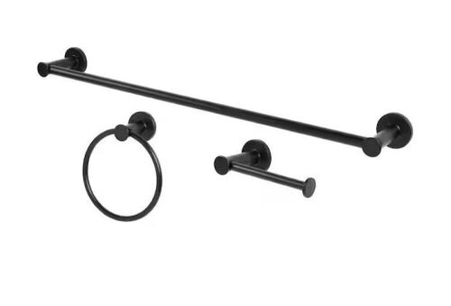 Glacier Bay Lucien 3-Piece Bath Hardware Set with Towel Bar Paper Holder Towel Ring in Matte Black - Lot 798
