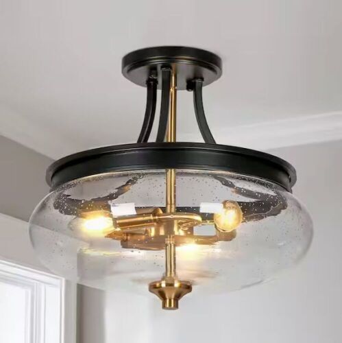  Modern Farmhouse Black Semi-Flush Mount Light, 3-Light with Bowl Seeded Glass - Lot 753