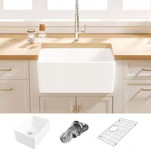 Eridanus Denbigh Crisp White Ceramic 24 in. Single Bowl Farmhouse Apron Kitchen Sink with Bottom Grid and Basket Strainer - Lot 850