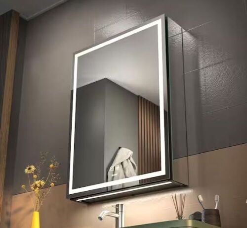 Large Rectangular Silver Wall Mount LED Lighted Medicine Cabinet with Mirror 20 in. W x 28 in. H - Lot 856