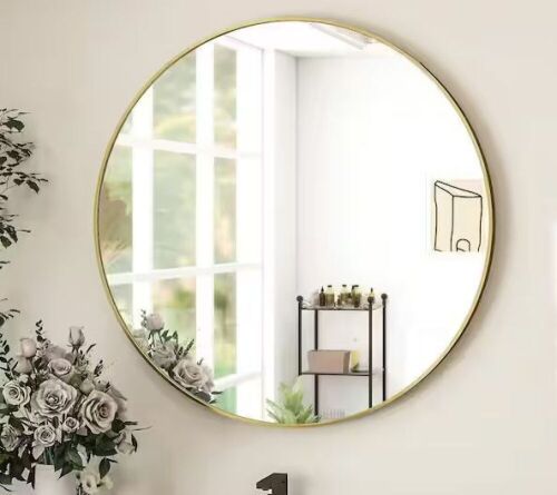 GLSLAND 24 in. W x 24 in. H Round Metal Framed Wall Mirror Gold - Lot 858