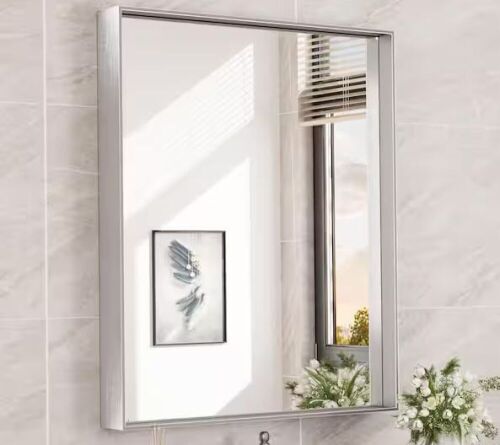 KeonJinn 30 in. W x 36 in. H Rectangular Framed Aluminum Square Corner Wall Mount Mirror in Brushed Silver - Lot 859