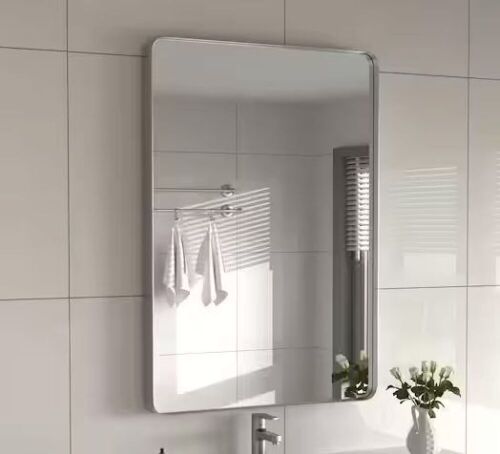 Large Rectangular Stainless Steel Framed Wall Mirror in Brushed Silver 24 in. W x 36 in. H - Lot 125