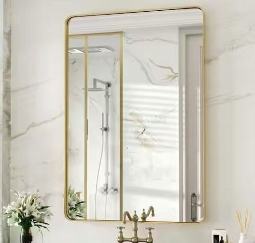 Medium Rectangular Stainless Steel Framed Wall Mirror in Brushed Gold 22 in. W x 30 in. H - Lot 128