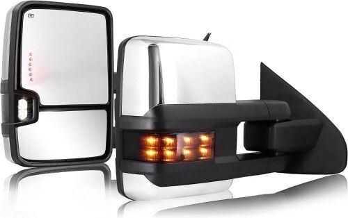 Chrome Towing Mirrors with Power Glass LED Arrow Turn Signal Light Backup Lamp Running Light Heated for 2014-2018 Chevy Silverado GMC Sierra 1500 2500 HD 3500 HD - Lot 119