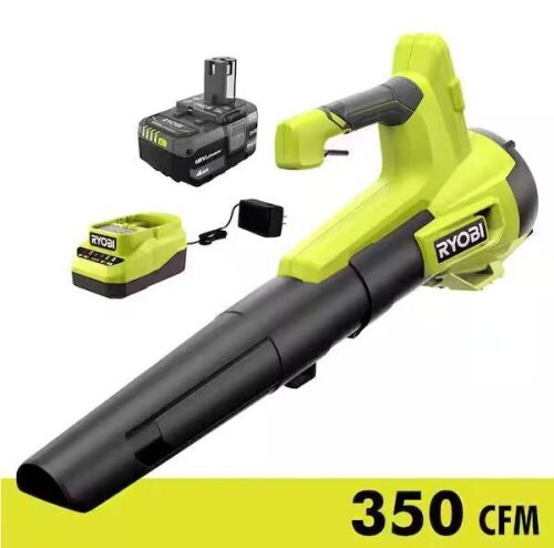 RYOBI ONE+ 18V 100 MPH 350 CFM Cordless Battery Variable Speed Jet Fan Leaf Blower with 4.0 Ah Battery and Charger - Lot 46