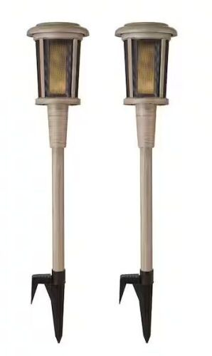 Hampton Bay Ambrose Solar 6 Lumens Natural Oak Integrated LED Flicker Flame Torch Path Light with Adjustable Height, 2-Pack - Lot 916