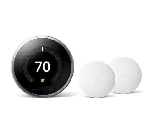Google Nest Learning Thermostat - Smart Wi-Fi Thermostat Stainless Steel and Nest Temperature Sensor 2 Pack - Lot 80