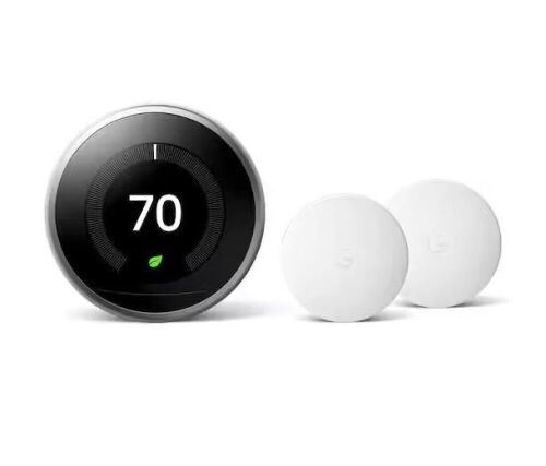 Google Nest Learning Thermostat - Smart Wi-Fi Thermostat Stainless Steel and Nest Temperature Sensor 2 Pack - Lot 84