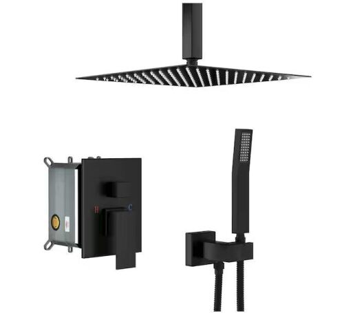 Single Handle Square Rain Shower Head with Handheld Spray 1-Spray Shower Faucet Set 1.8 GPM with Flexible in Matte Black - Lot 1053