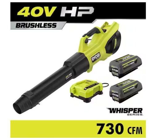 RYOBI 40V HP Brushless Whisper Series 190 MPH 730 CFM Cordless Battery Jet Fan Leaf Blower with (2) 4.0 Ah Batteries & Charger - Lot 24