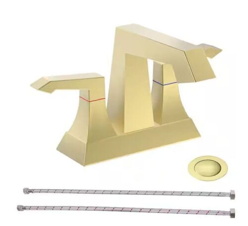 Nestfair 4 in. Centerset Double Handle Bathroom Faucet Combo Kit with Pop-Up Drain and Supply Hoses in Brushed Gold - Lot 1005