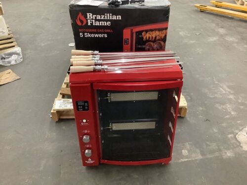Brazilian Flame Portable Propane Gas Rotisserie Grill in Red - Small Piece Broken Off Door Handle, Small Dents, Bent Skewer  - Lot 71