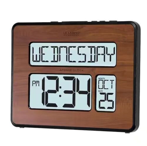 La Crosse Technology Backlight Atomic Full Calendar Digital Clock with Extra Large Digits in Walnut Finish - Lot 995