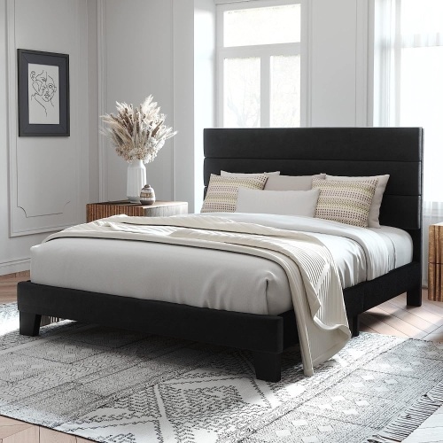 Upholstered Queen Size Platform Bed Frame, Black Velvet  - Lot 44