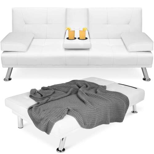 Faux Leather Upholstered Convertible Sofa Bed Futon w/ 2 Cupholders - Lot 6300