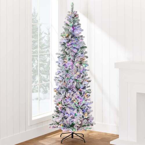Pre-Lit Snow Flocked Artificial Pencil Christmas Tree w/ Multicolor Lights - Lot 6364