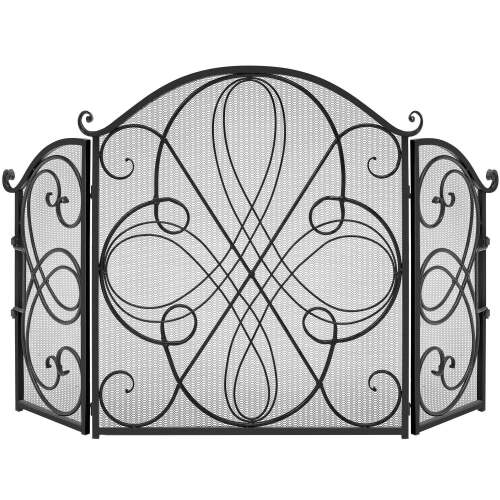 3-Panel Wrought Iron Metal Fireplace Screen Cover w/ Scroll Design - 55x33in - Lot 6376