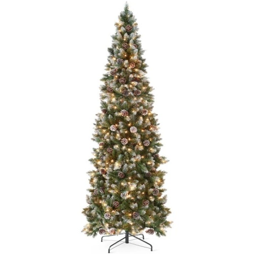 Pre-Lit Partially Flocked Pencil Christmas Tree w/ Pine Cones, Metal Stand - Lot 6468
