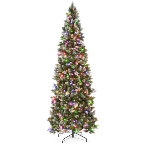 Pre-Lit Partially Flocked Pencil Christmas Tree w/ 2-in-1 Multicolor Lights 12ft - Lot 6530
