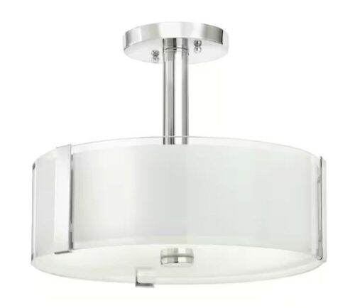 Hampton Bay Bourland 14 in. 3-Light Polished Chrome Semi-Flush Mount Ceiling Light Fixture with White and Clear Glass Double Shade - Lot 186