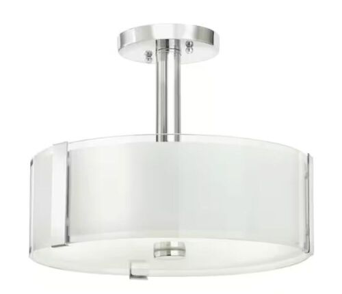 Hampton Bay Bourland 14 in. 3-Light Polished Chrome Semi-Flush Mount Ceiling Light Fixture with White and Clear Glass Double Shade - Lot 282