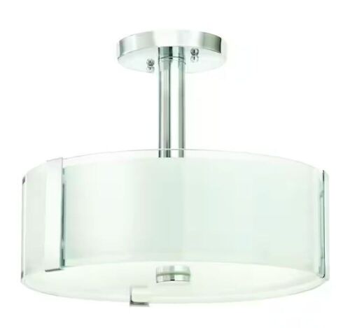 Home Decorators Collection Bourland 14 in. 3-Light Polished Chrome Semi-Flush Mount Ceiling Light Fixture with White and Clear Glass Double Shad - Lot 382