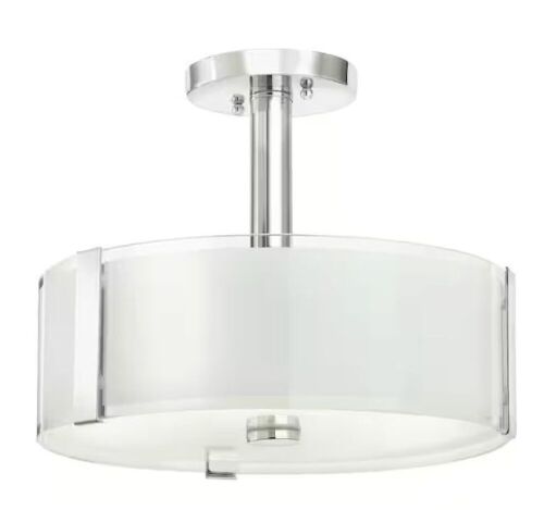 Hampton Bay Bourland 14 in. 3-Light Polished Chrome Semi-Flush Mount Ceiling Light Fixture with White and Clear Glass Double Shade - Lot 384