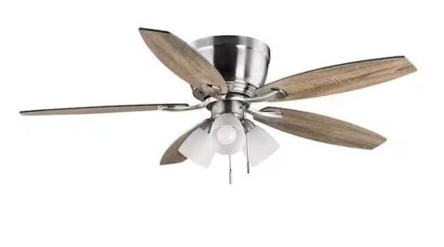 Hampton Bay Sidlow 52 in. Indoor LED Brushed Nickel Hugger Dry Rated Ceiling Fan with 5 QuickInstall Reversible Blades and Light Kit - Lot 581