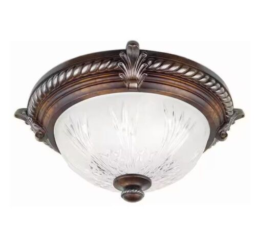 Hampton Bay Bercello Estates 15 in. 2-Light Volterra Bronze Flush Mount with Etched Glass Shade - Lot 587