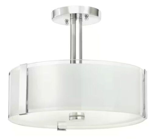 Hampton Bay Bourland 14 in. 3-Light Polished Chrome Semi-Flush Mount Ceiling Light Fixture with White and Clear Glass Double Shade - Lot 593